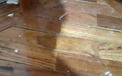 Flood damage and water damaged floorboards